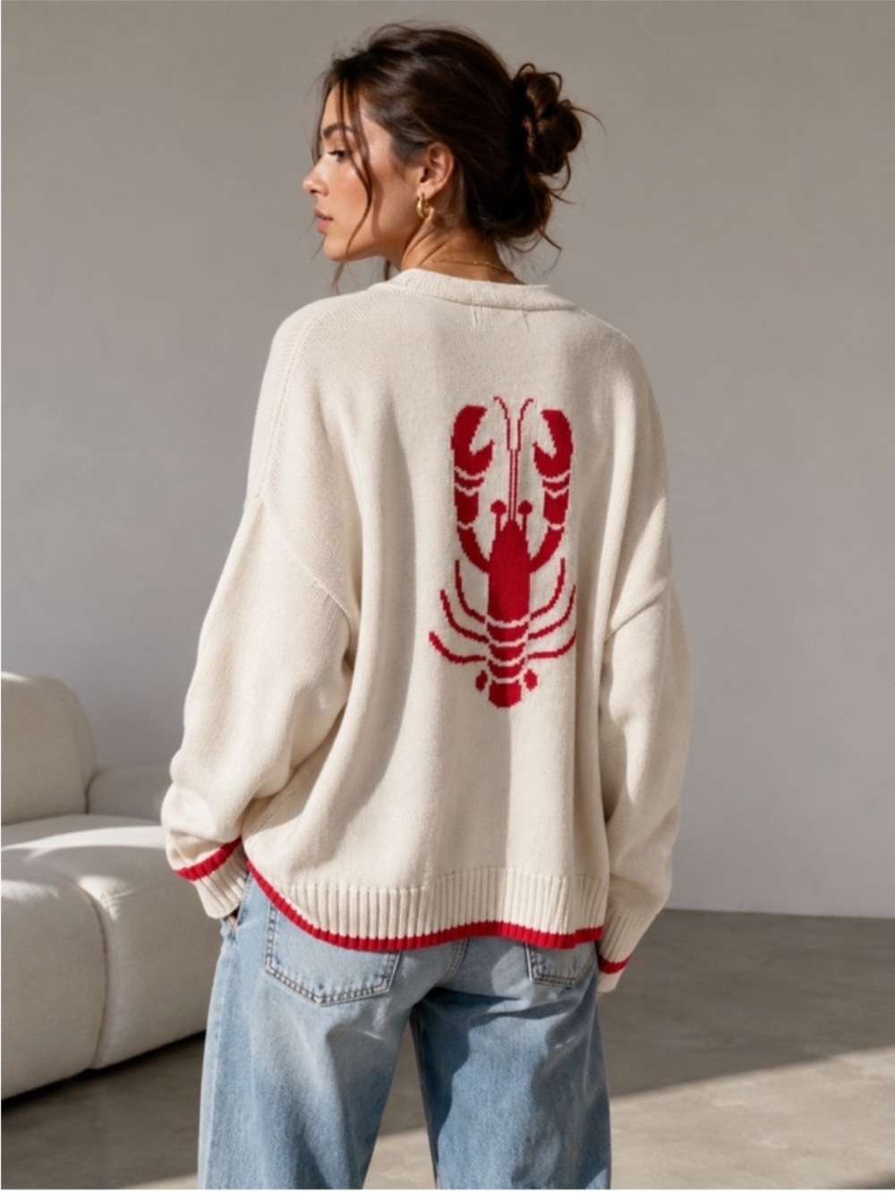 Viral Luna x Sol cream cardigan Sweater with Red Lobster Graphic Medium NEW